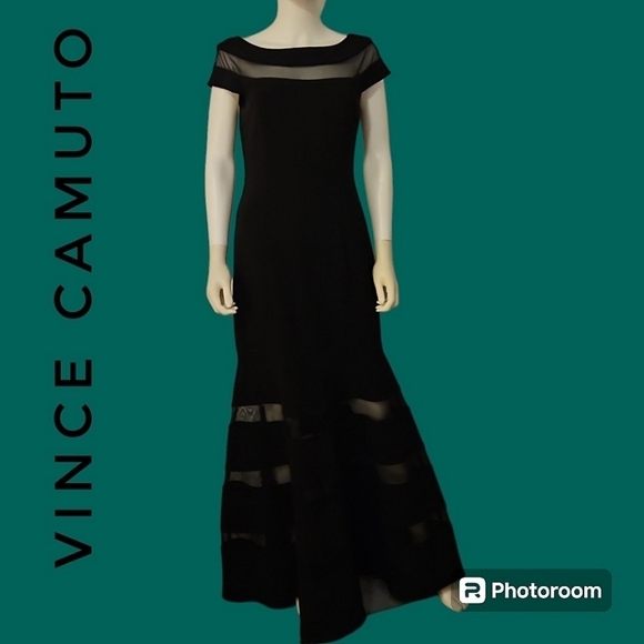 VINCE CAMUTO Black Illusion Sheer Mesh Stripe Trumpet Formal Ballroom Dress - Picture 1 of 14